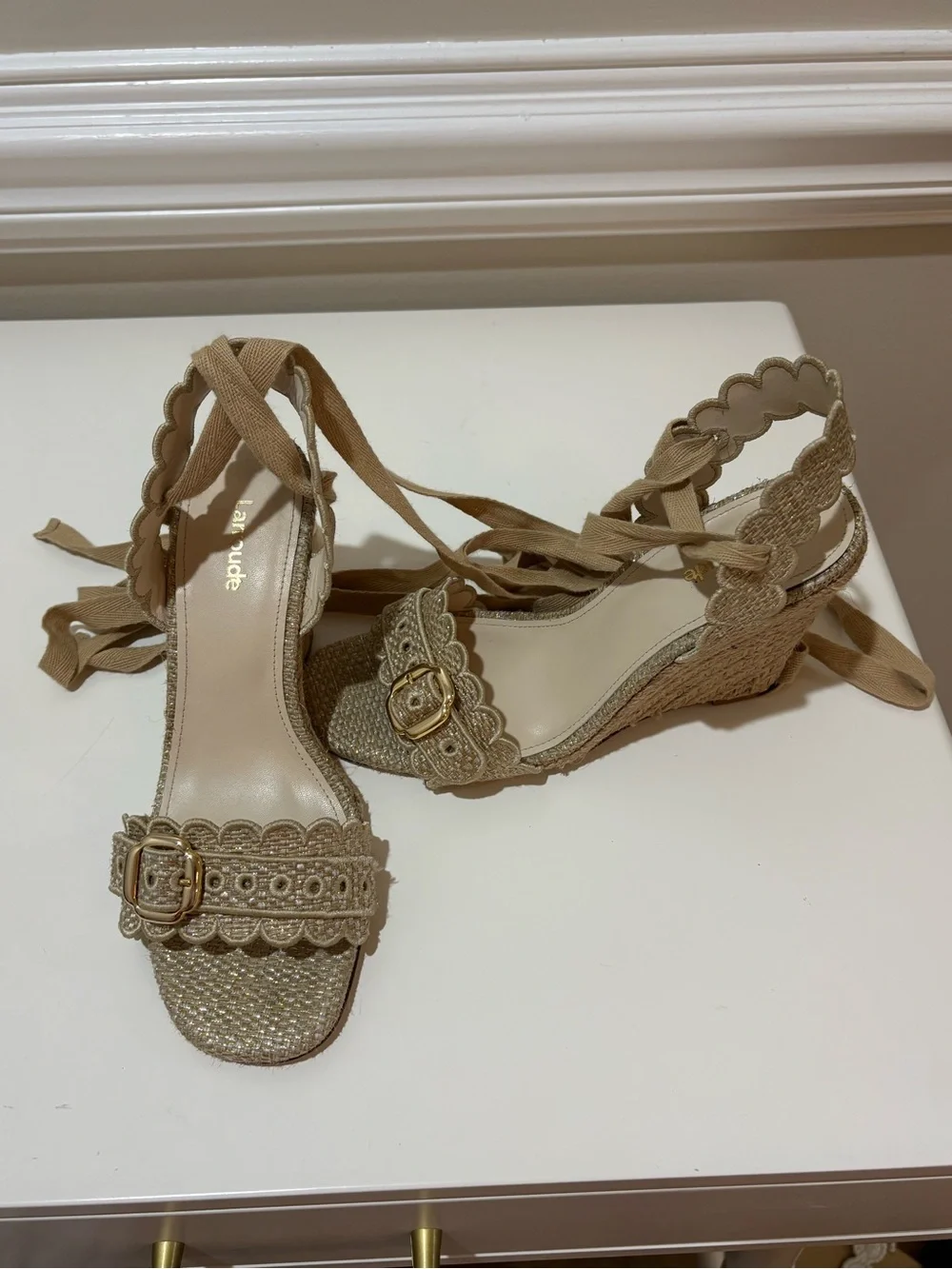 Larroude poppy Scalloped Espadrille Wedge Sandals in gold